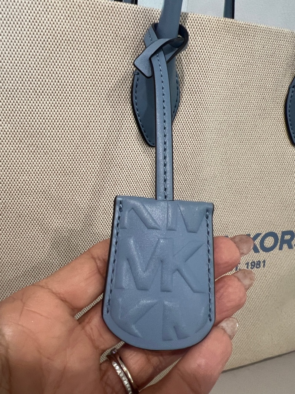 Michael Kors Beige Canvas Tote with Blue Trim and Logo - Picture 8 of 8